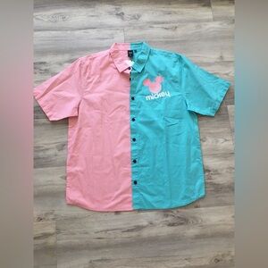 Disney NEFF Mens Shirt a short Sleeve Front Button Pink Teal Size L ( 1 AH )